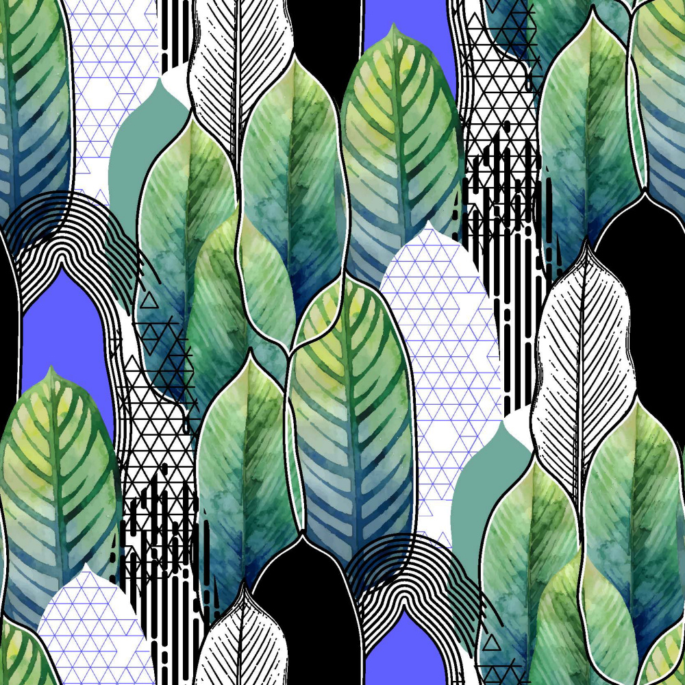 ToF Behang bladeren groen- en blauwtinten getekend