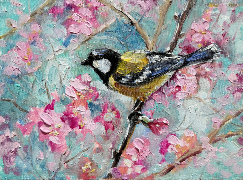 ToF Behang  bloemen vogels schilderij koolmees  te midden van bloemen