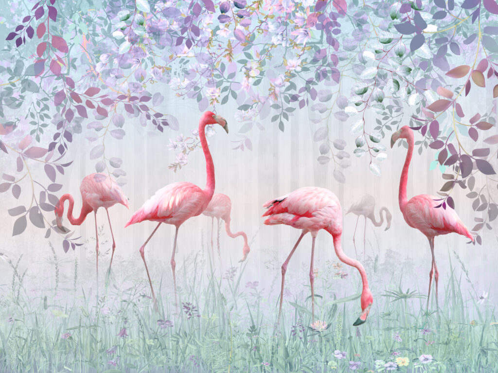 ToF Behang flamingo’s in gras in pastelkleuren