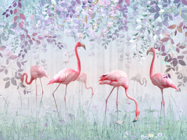 ToF Behang flamingo's in gras omringd door bladeren in pastelkleuren