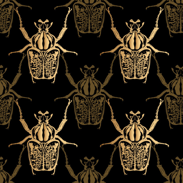 ToF Behang dieren illustratie Goliathkevers in goud en zwarttinten