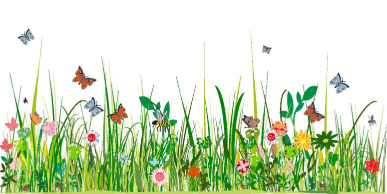 ToF Behang natuur gras met bloemen en vlinders
