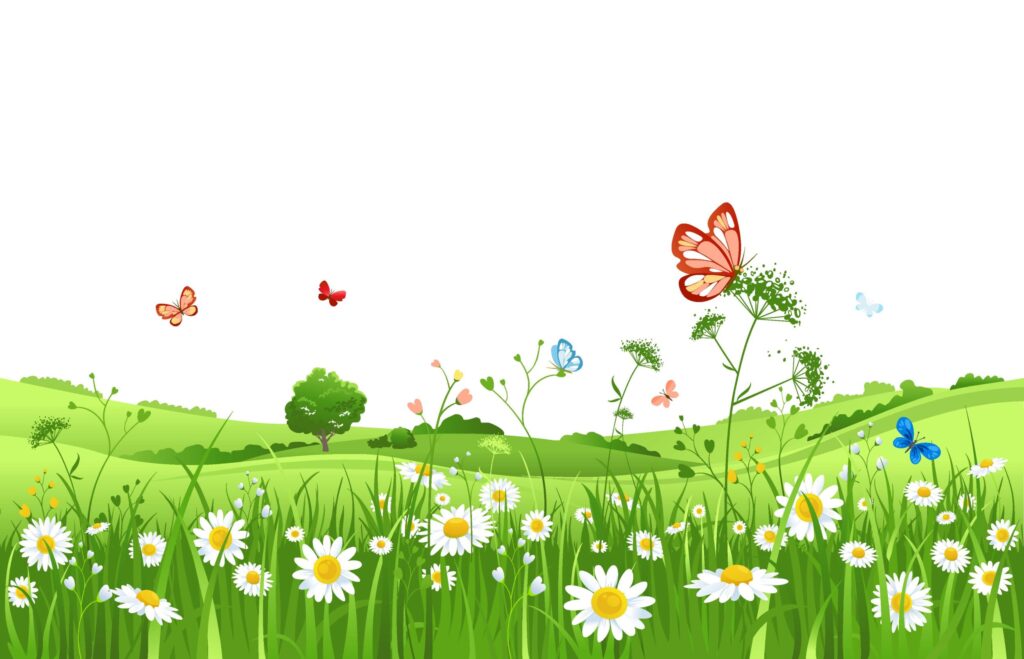 ToF Behang natuur gras met heuvels, bloemen en vlinders