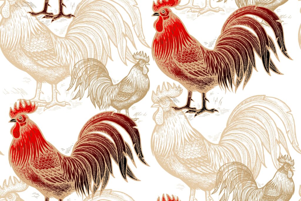 ToF Behang vogels illustratie kippen in rood, zwart-wit en goud
