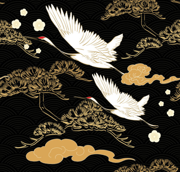 ToF Behang kraanvogel illustratie in goud zwart en wit