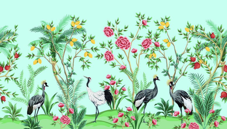 ToF Behang kraanvogel illustratie meerdere vogels omringd door bomen