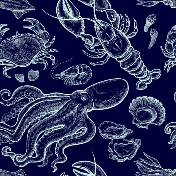 ToF Behang dieren illustratie allerlei zeedieren in blauw