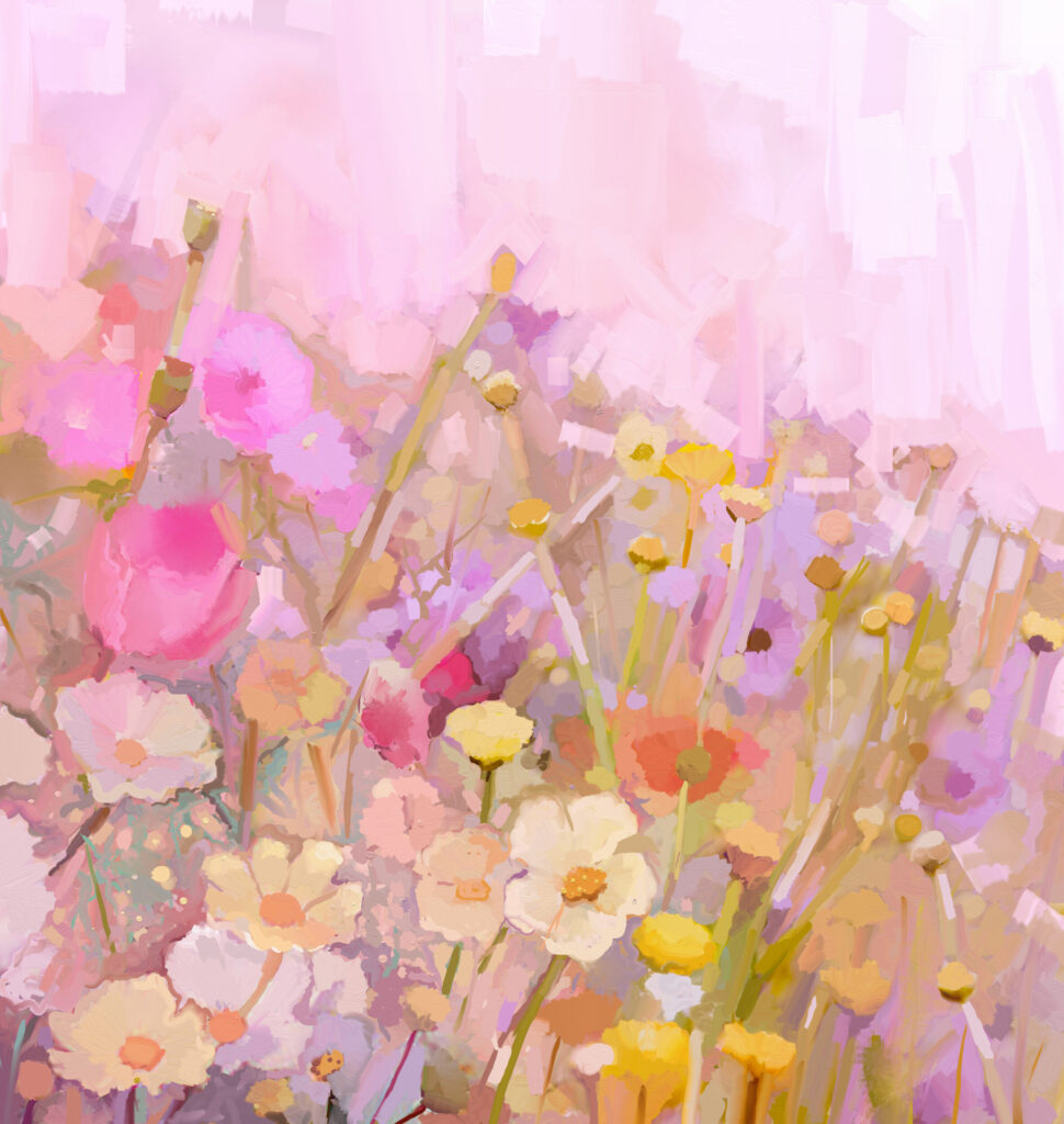 ToF Behang bloemen geverfd met roze achtgergrond