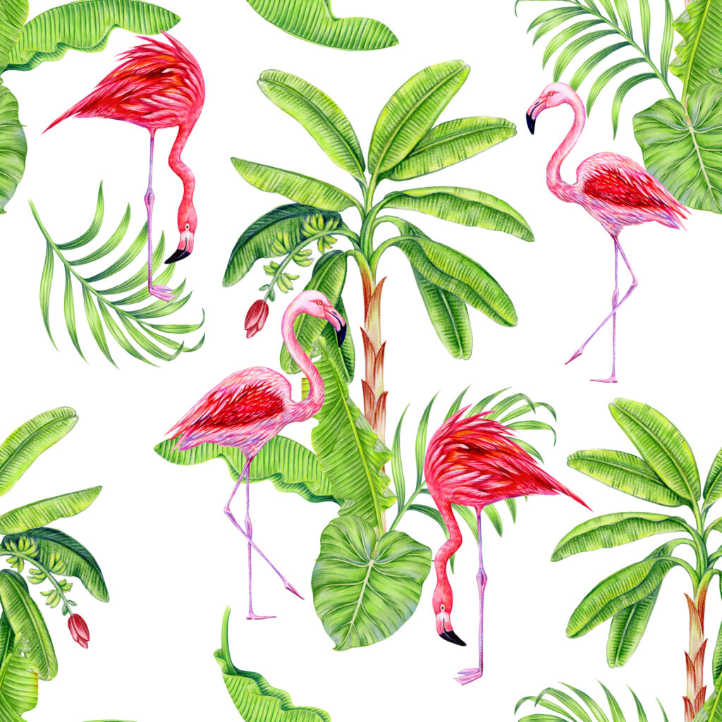 ToF Behang flamingo’s met palmbladeren illustratie