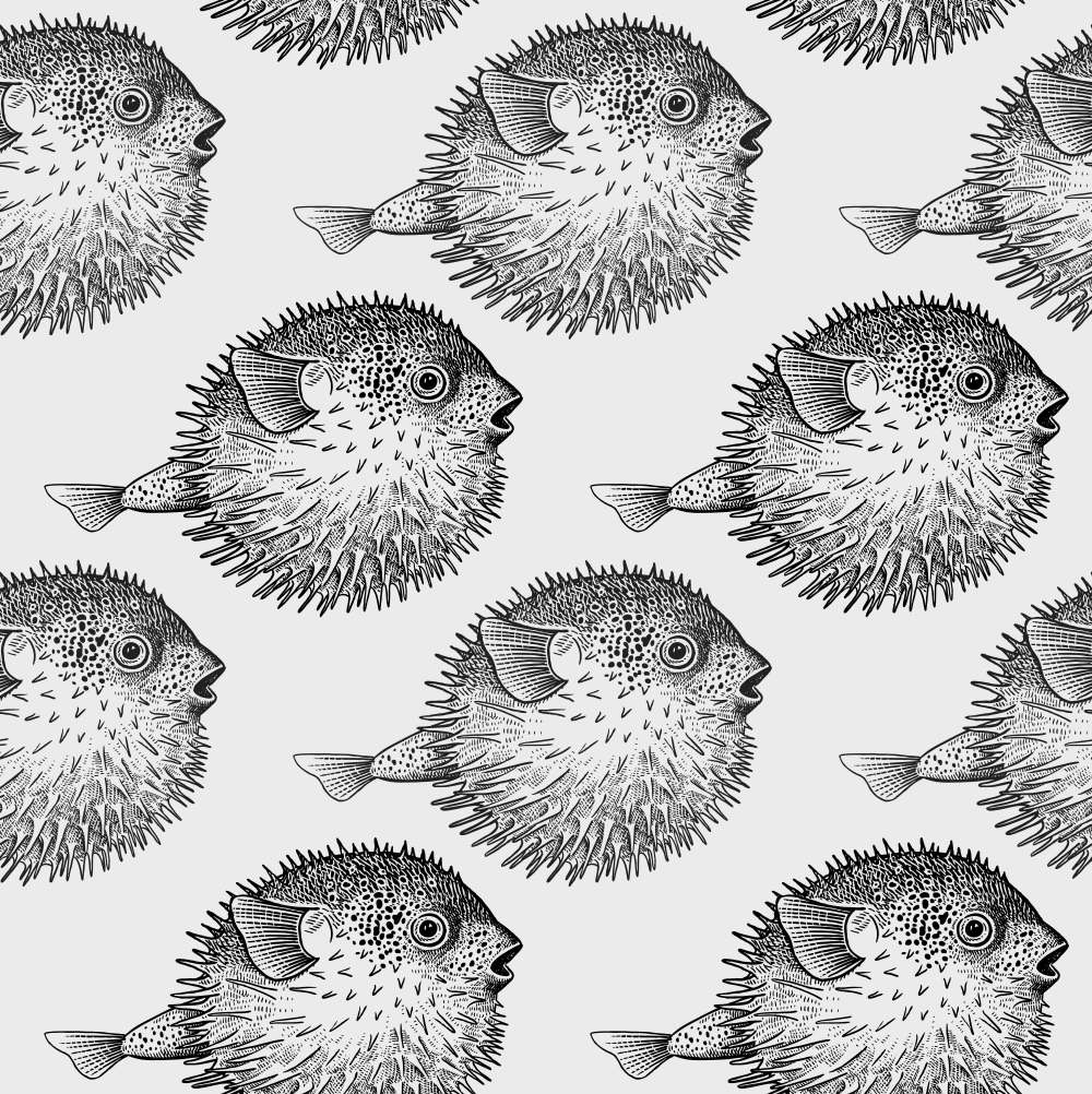 ToF Behang vissen tekening meerdere zee-egels in zwart-wit