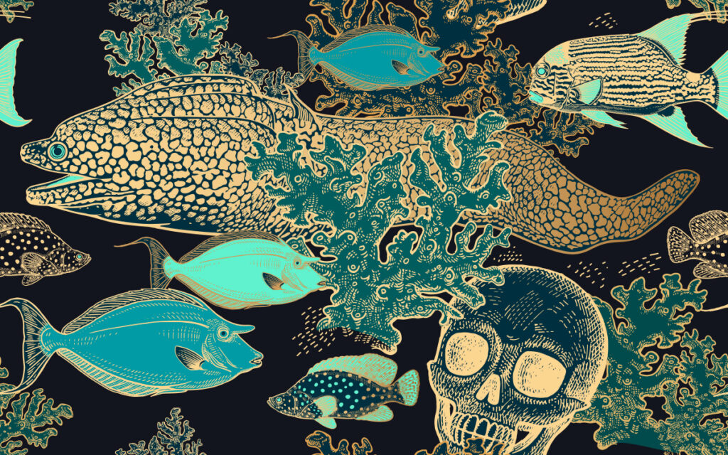 ToF Behang vissen illustratie verschillende vissen, koraal en doodskop