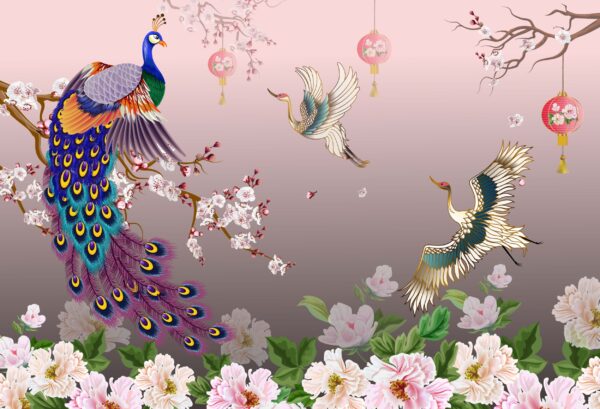 ToF Behang met vogels illustratie met pauwen, kraanvogels en bloemen