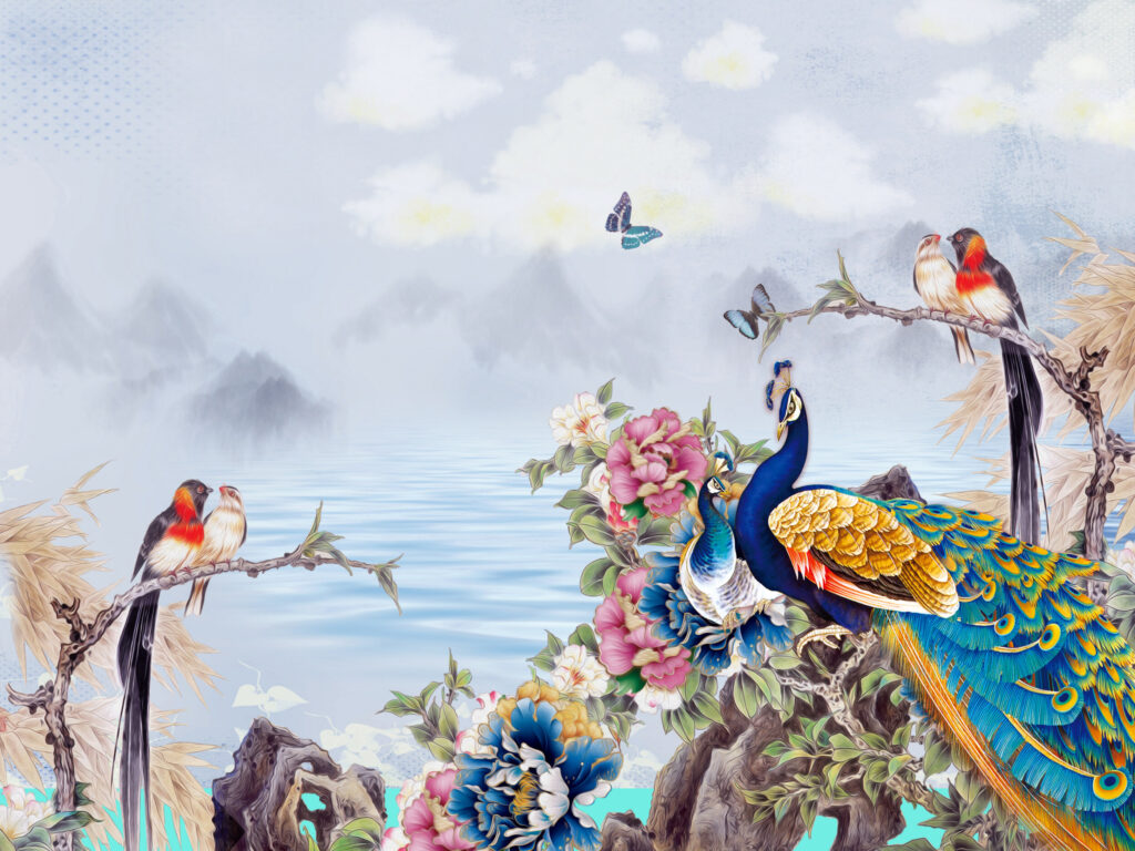 ToF Behang bloemen vogels illustratie met pauwen en andere vogels