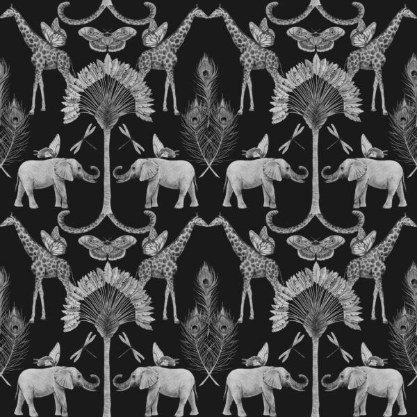 ToF Behang olifant zwart-wit tekening van oifanten en andere dieren