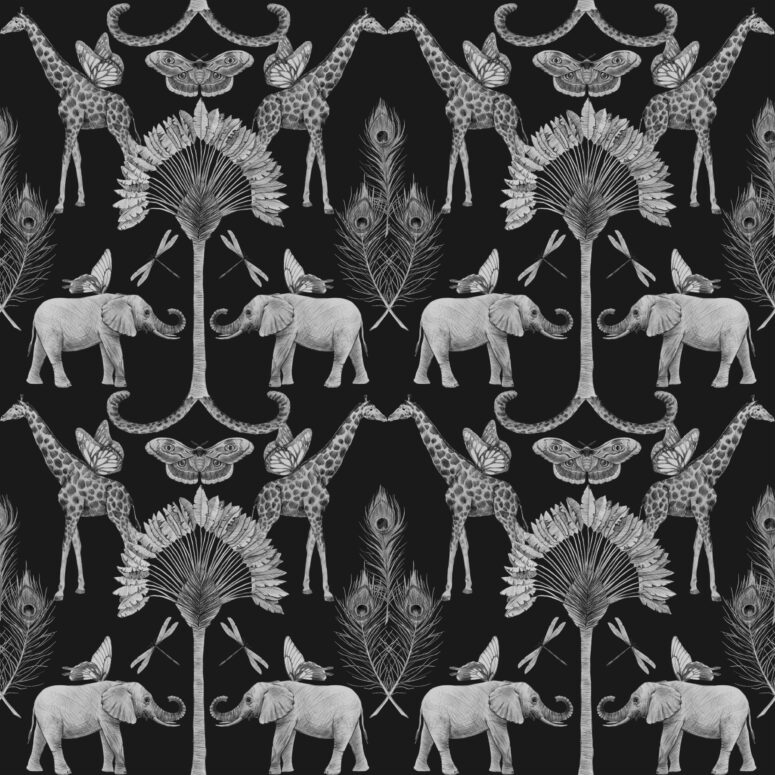 ToF Behang olifant zwart-wittekening van olifanten en andere dieren