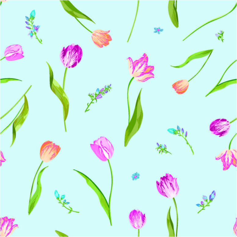 ToF Behang tulpen getekend met blauwe achtergrond