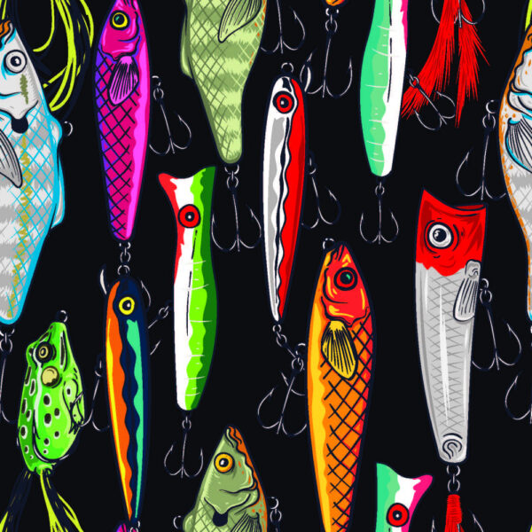 ToF Behang vissen illustratie verschillende vissen en kikker met vishaken
