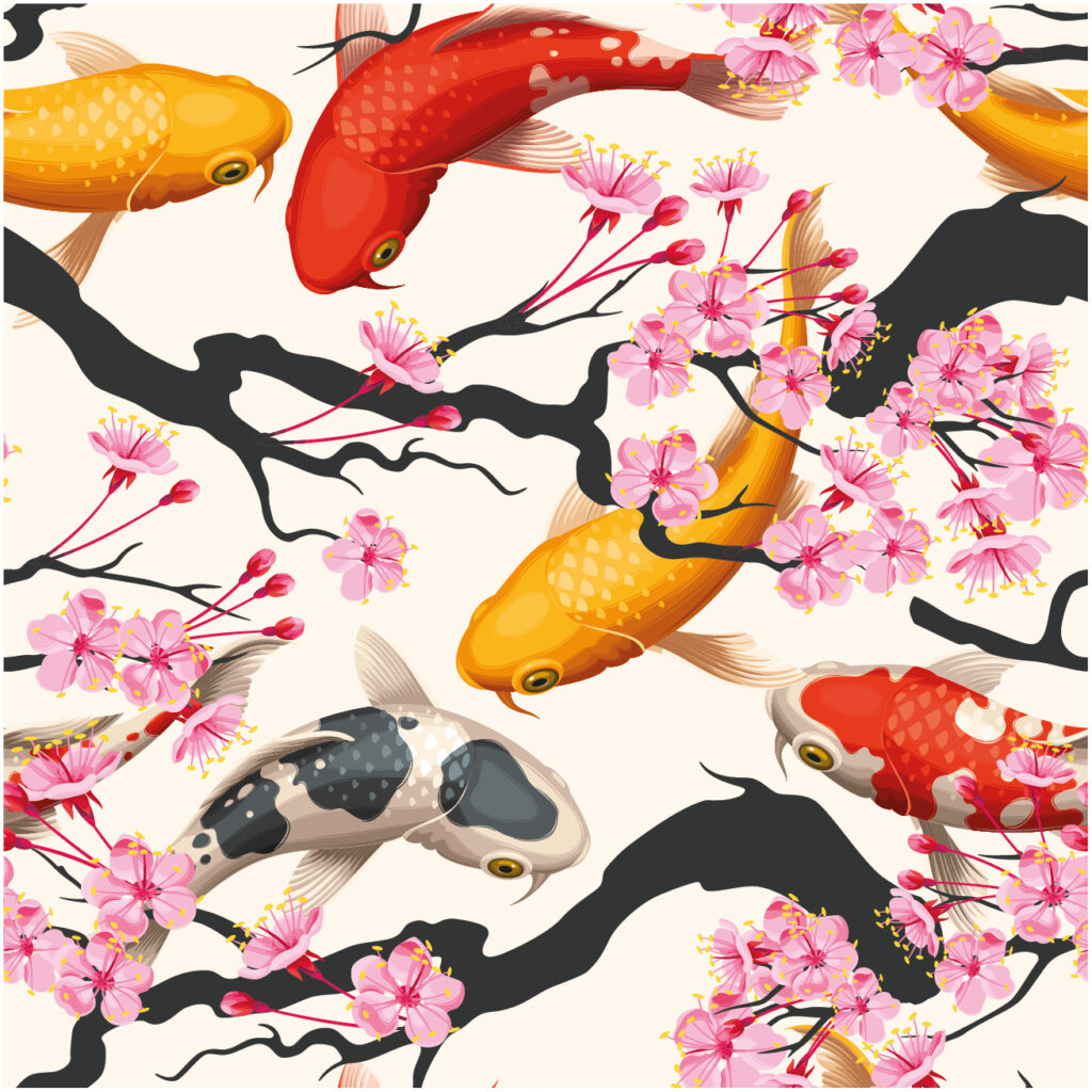 ToF Behang vissen illustratie koikarpers en roze bloemen Japanse sierkers