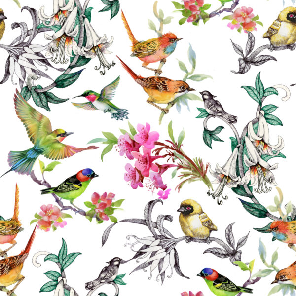 ToF Behang vogels illustratie verschillende soorten omringd door bloemen