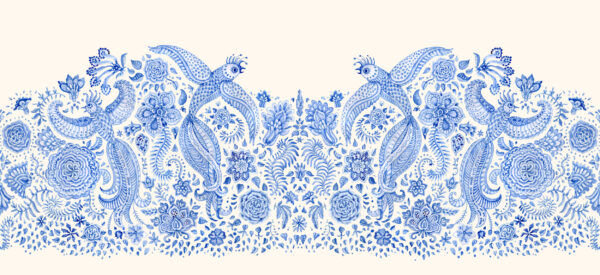 ToF Behang vogels illustratie in blauw en crème