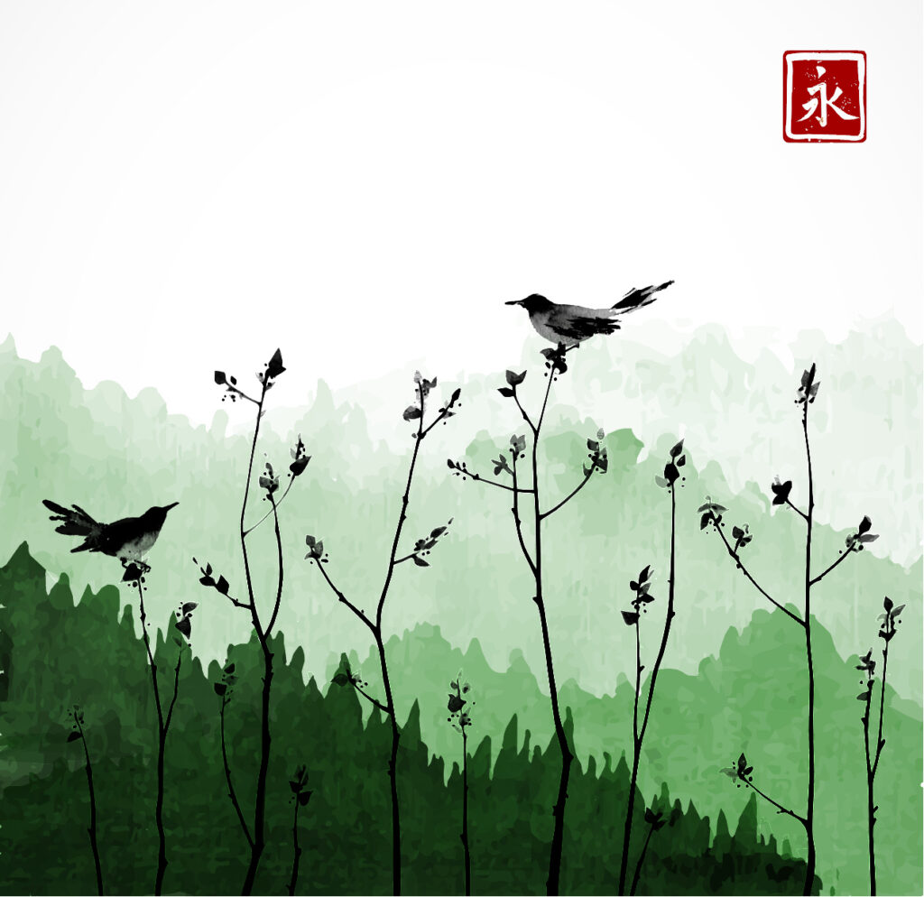 ToF Behang vogels illustratie in groen, wit en zwart