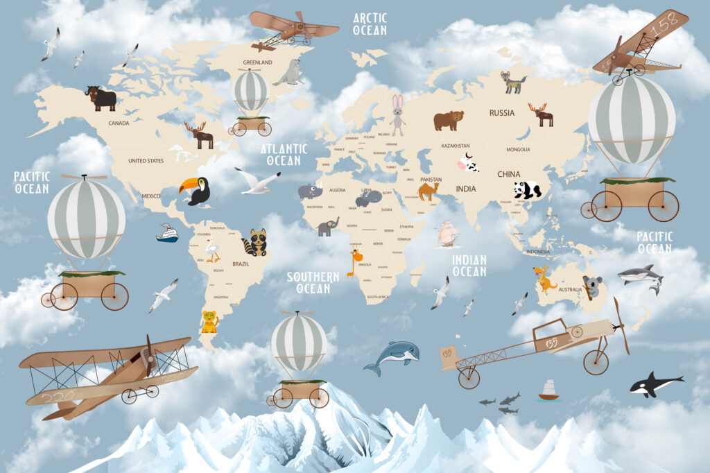 ToF Behang wereldkaart met verschillende dieren