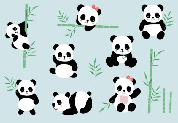 ToF Behang panda's met bamboe met blauwe achtergrond