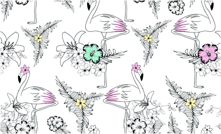 ToF Behang flamingo’s met bloemen getekend