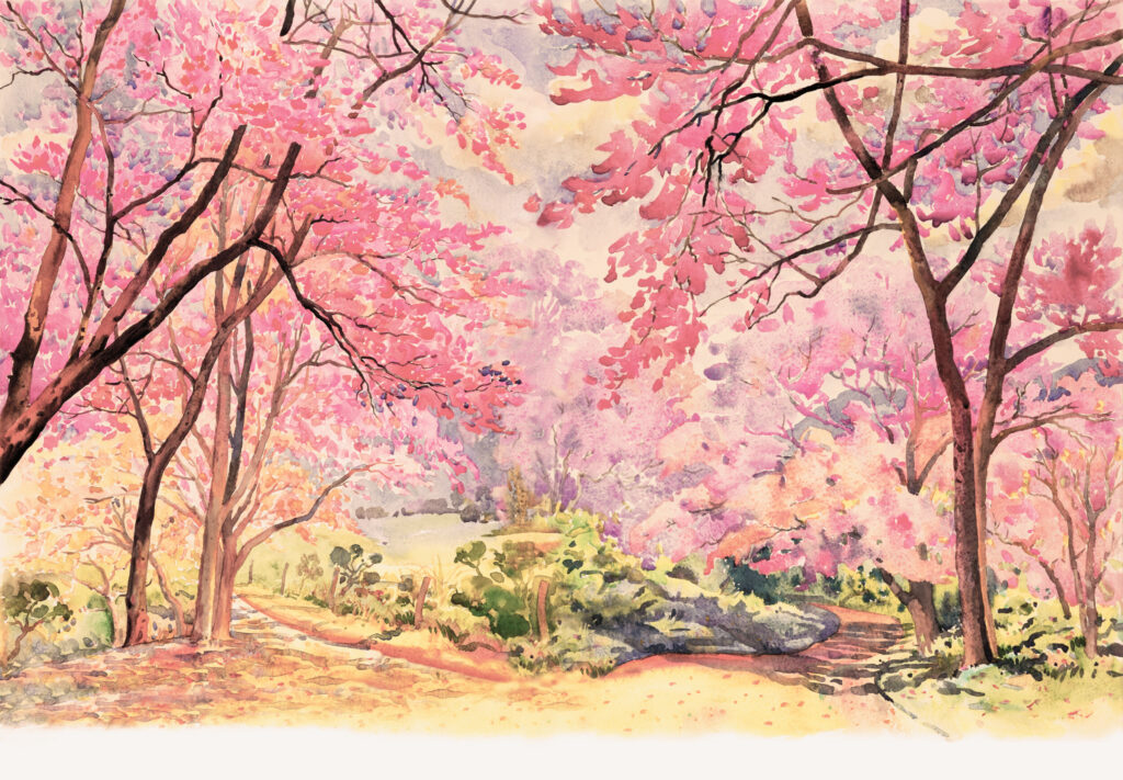 ToF Behang landschap bloesembomen geschilderd