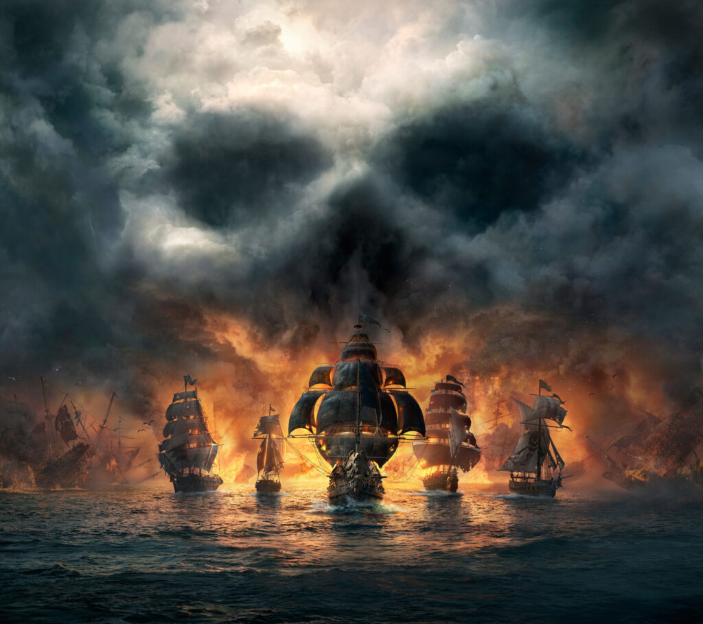 ToF Fotobehang piratenschip met vuur op de achtergrond