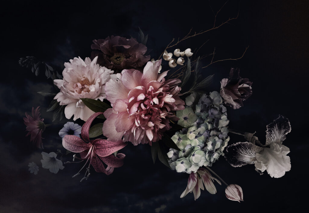 ToF Fotobehang vintage bloemstuk met donkere achtergrond