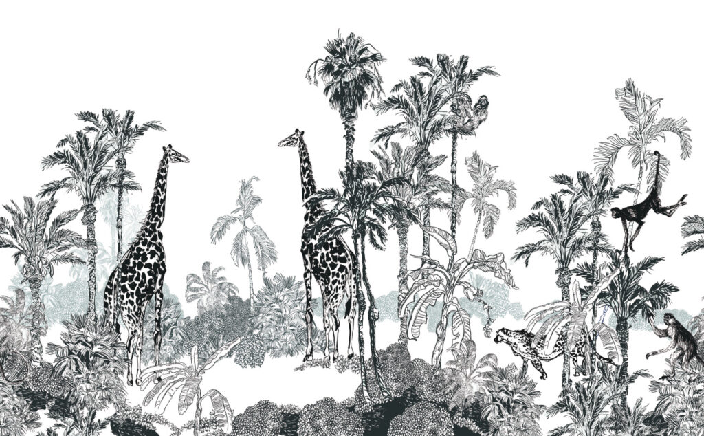 ToF Behang giraffen in natuur zwart-wittekening
