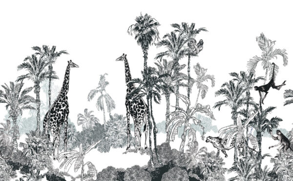 ToF Behang giraffen in de natuur zwart-wittekening