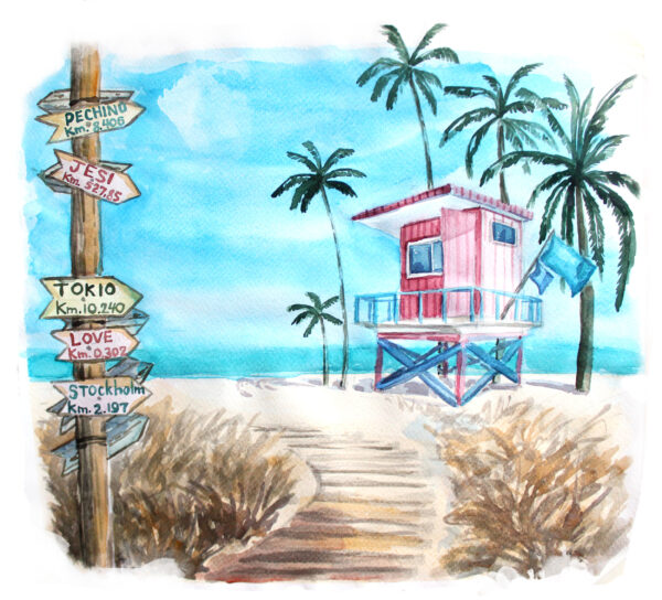 ToF Behang strand met strandhuis zee en palmbomen