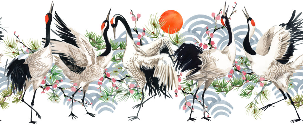 ToF Behang kraanvogel illustratie van vijf op een rij