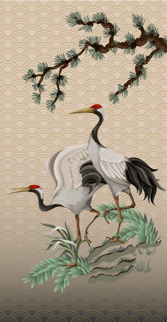 ToF Behang kraanvogel illustratie met boomtak en bruine achtergrond