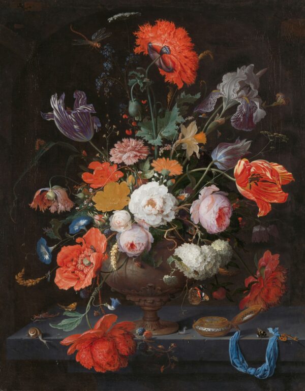 ToF Behang schilderij Stilleven met bloemen en een horloge, Abraham Mignon