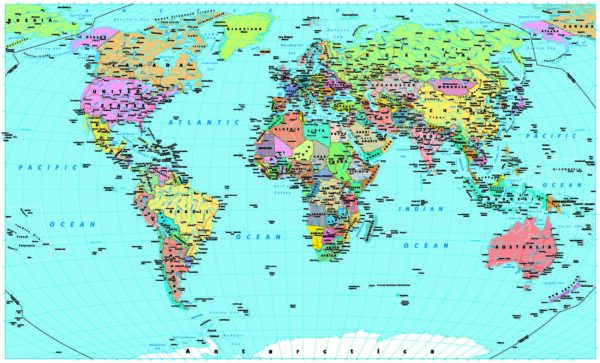 ToF Behang wereldkaart met tekst in kleur