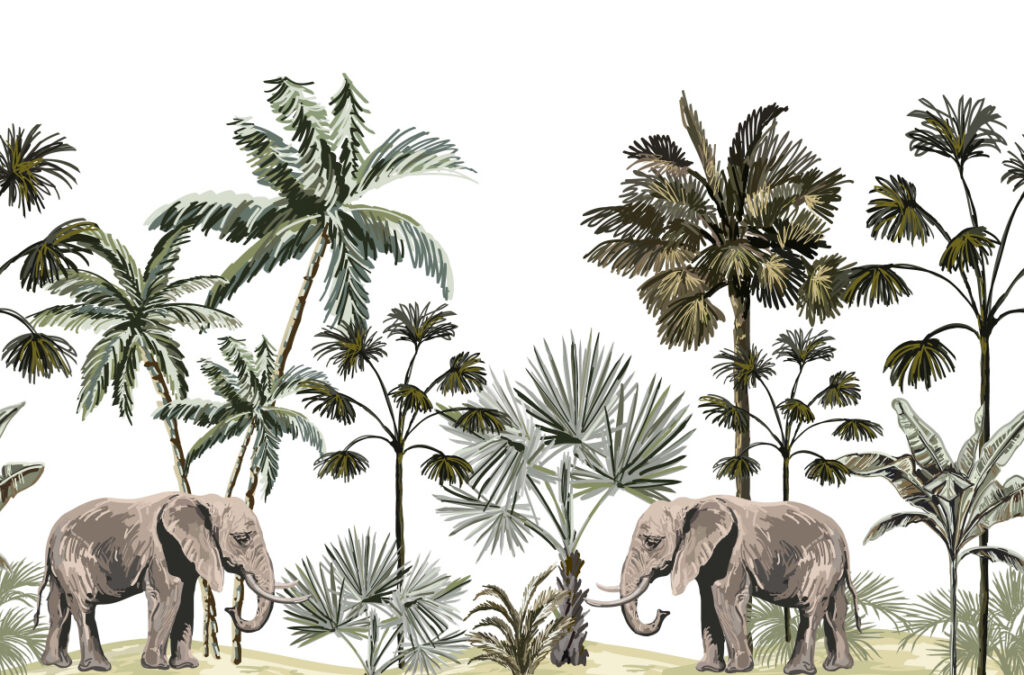 ToF Behang olifant tekening van twee olifanten omringd door bomen