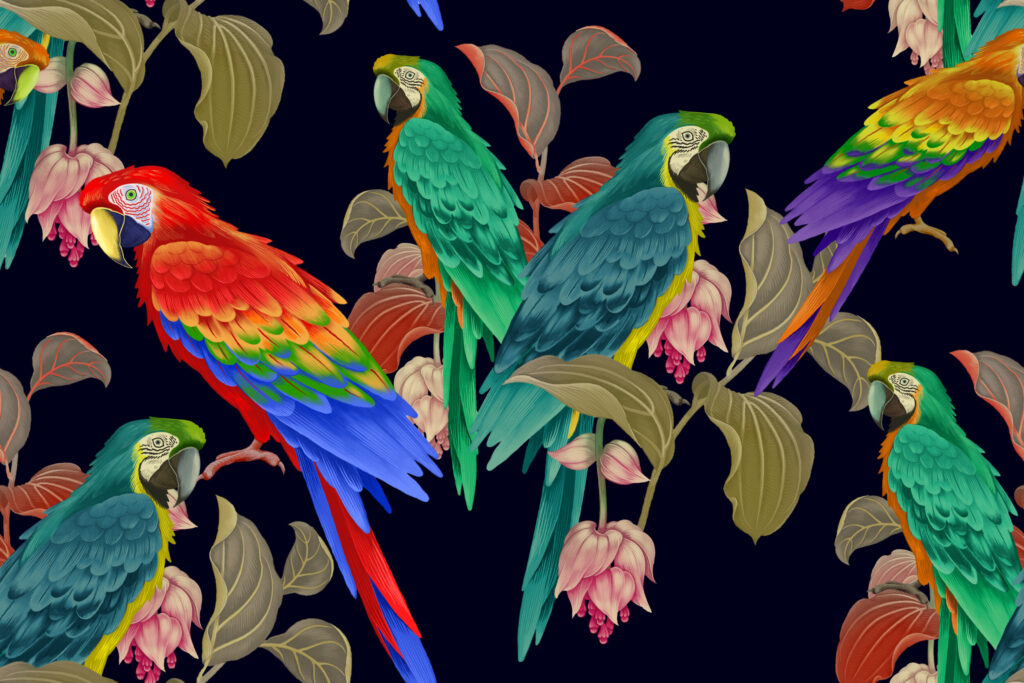 ToF Behang papegaaien met bladeren illustratie in diverse kleuren