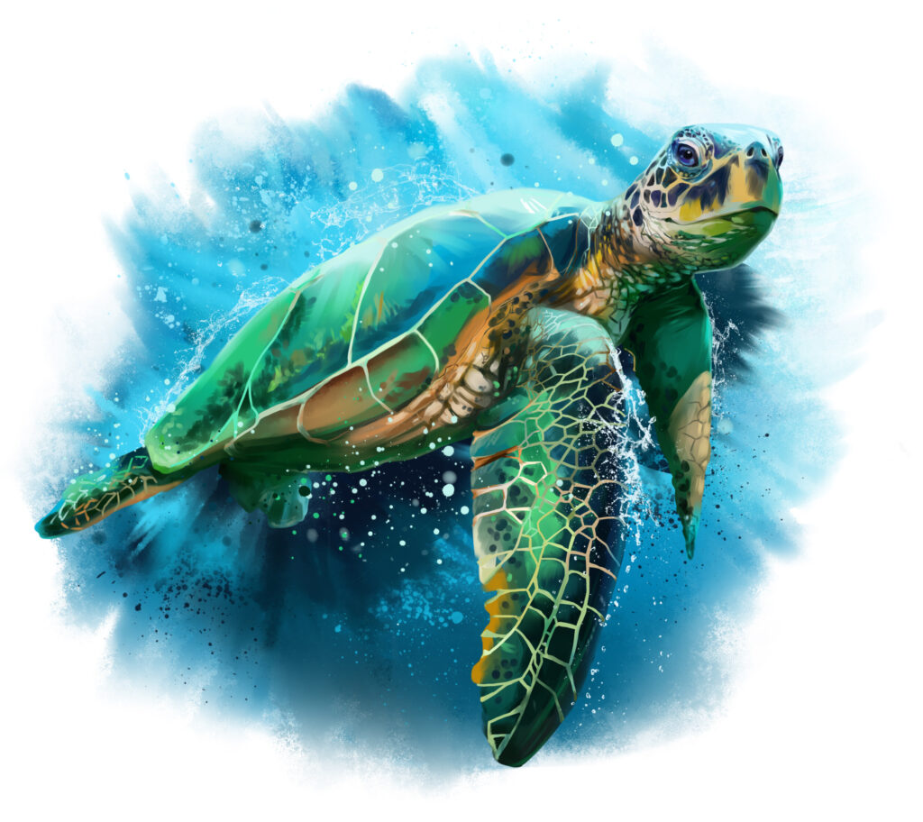 ToF Behang schildpad illustratie in blauw, groen en oranje