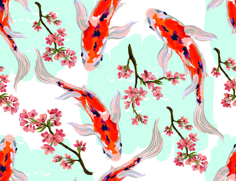 ToF Fotobehang vis getekende vissen met bloemen rood