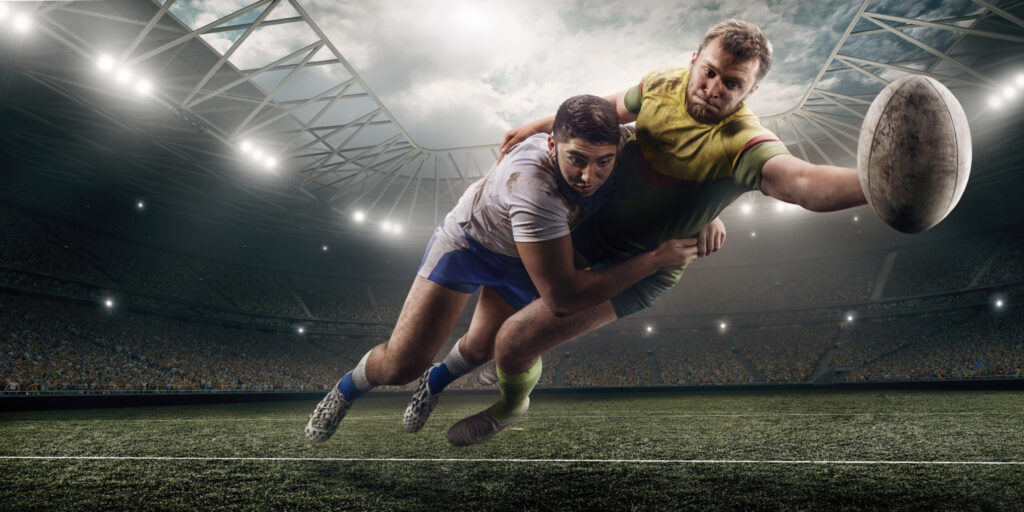 ToF Behang sport twee mannelijke rugbyspelers vechten voor de bal