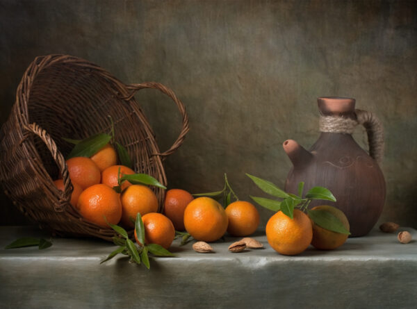 ToF Behang schilderij stilleven met mandarijnen in mand