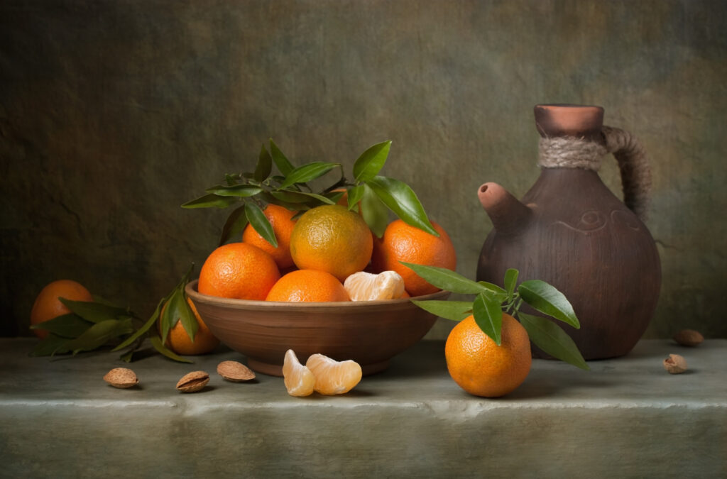 ToF Behang schilderij stilleven met mandarijnen en kan