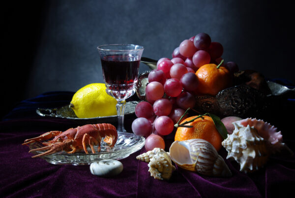 ToF Behang schilderij stilleven met fruit en wijn