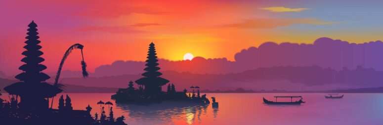 ToF Behang Boeddha zwarte Balinese watertempels en vissersboten