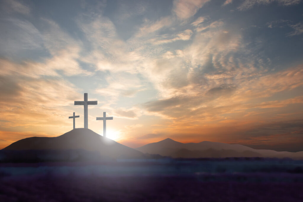 ToF Fotobehang cultuur drie kruisen op de berg Jezus Christus met zonsondergang