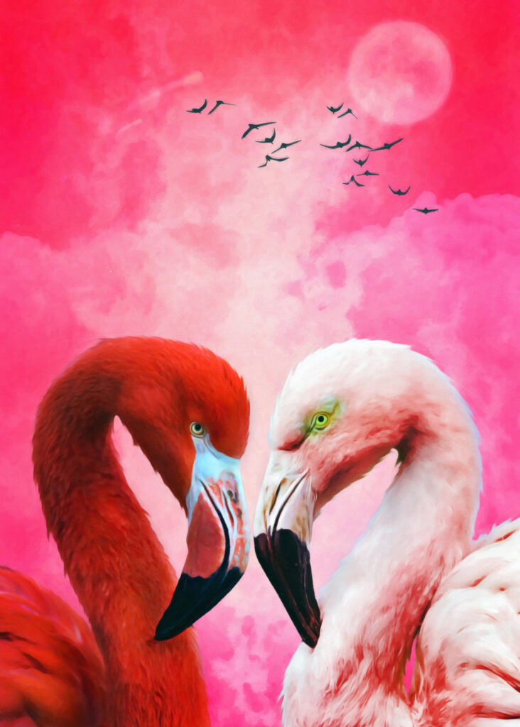 ToF Behang vogel twee flamingo’s met roze achtergrond