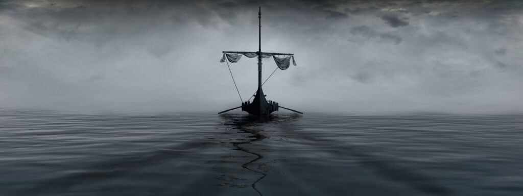 ToF Fotobehang mensen Vikingboot midden op zee